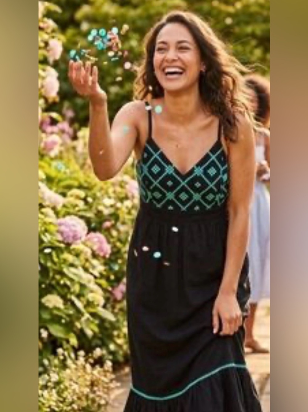 Spaghetti Strap Black Maxi Dress with Teal Embroidered Bodice ava & viv size X